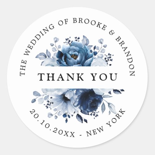 Dusty Blue Slate Navy Floral Botanical Thank you Classic Round Sticker