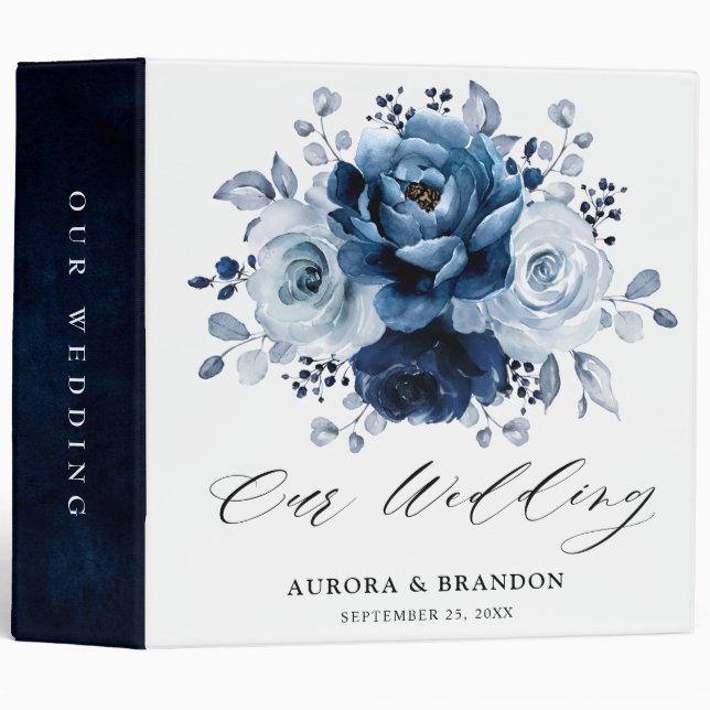 Dusty Blue Slate Navy Floral Botanical Wedding 3 Ring Binder (Front/Spine)
