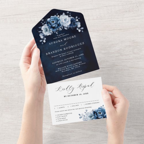 Dusty Blue Slate Navy Floral Botanical Wedding All All In One Invitation
