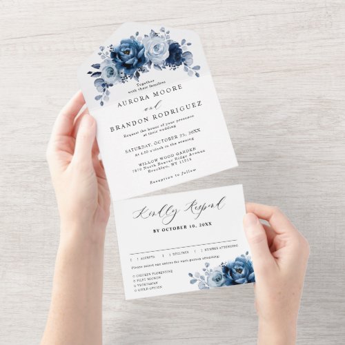 Dusty Blue Slate Navy Floral Botanical Wedding All In One Invitation