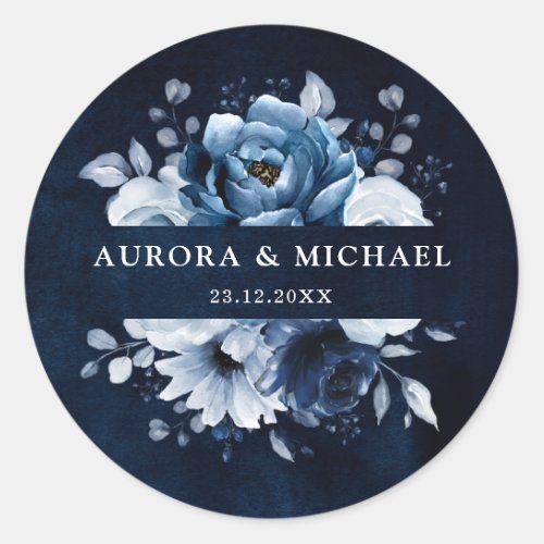 Dusty Blue Slate Navy Floral Botanical Wedding Cla Classic Round Sticker