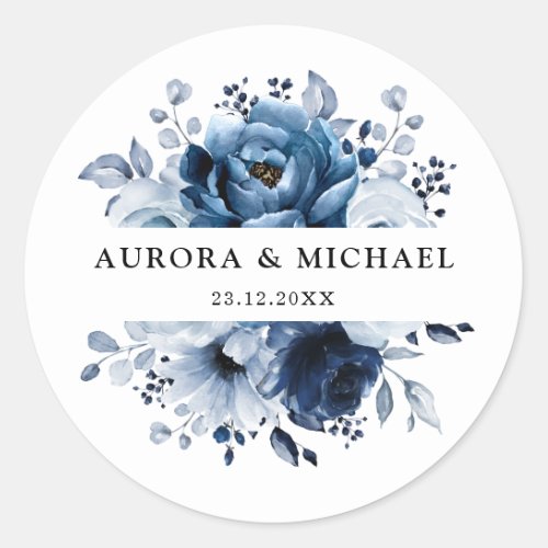 Dusty Blue Slate Navy Floral Botanical Wedding Classic Round Sticker