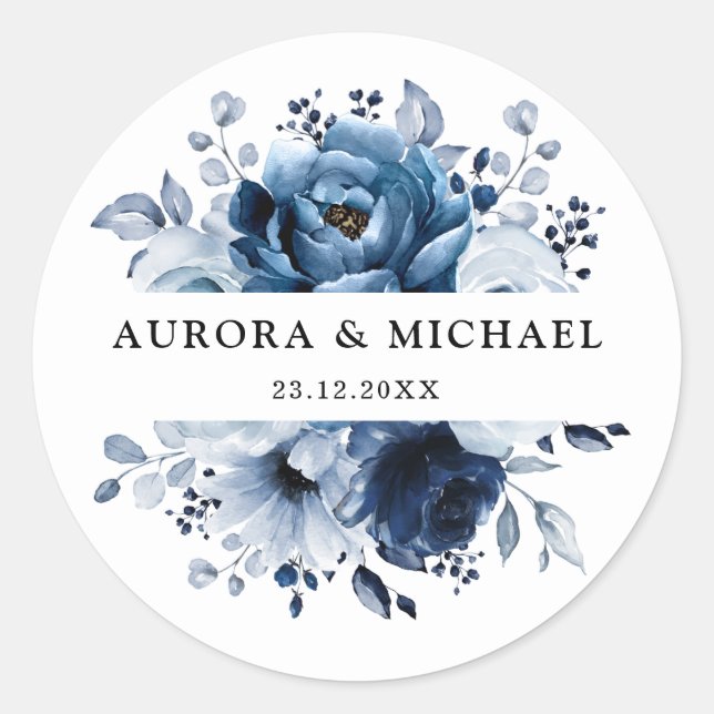 Dusty Blue Slate Navy Floral Botanical Wedding Classic Round Sticker (Front)