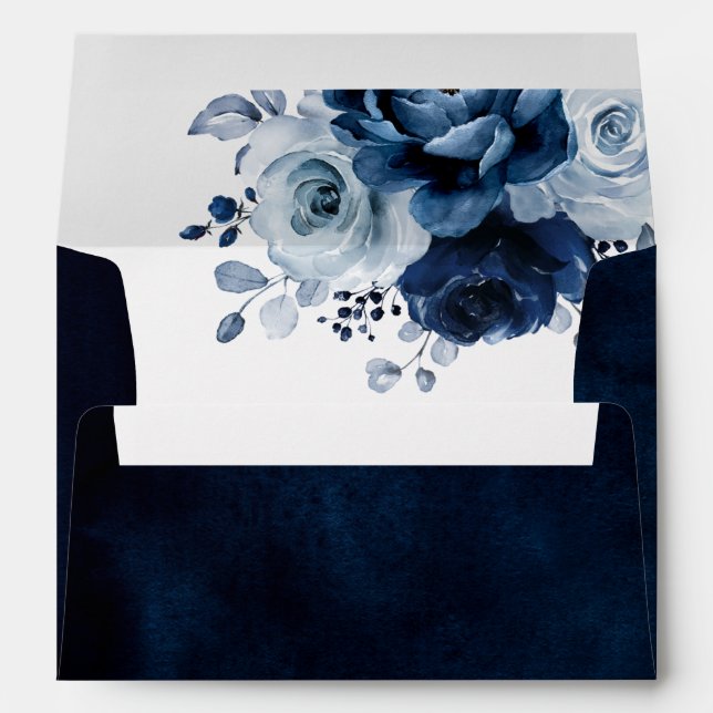 Dusty Blue Slate Navy Floral Botanical Wedding Env Envelope (Back (Bottom))