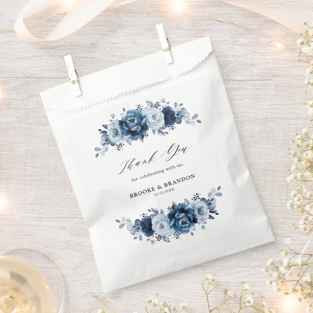 Dusty Blue Slate Navy Floral Botanical Wedding Favor Bag (Clipped)