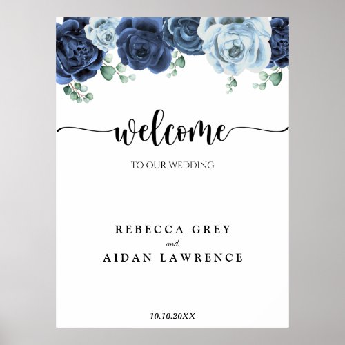 Dusty Blue Slate Navy Floral Botanical Wedding Foa Poster