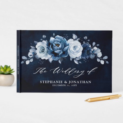 Dusty Blue Slate Navy Floral Botanical Wedding Gue Guest Book