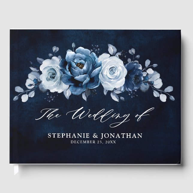 Dusty Blue Slate Navy Floral Botanical Wedding Gue Guest Book (Front)