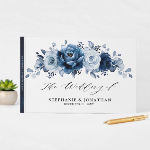Dusty Blue Slate Navy Floral Botanical Wedding Guest Book