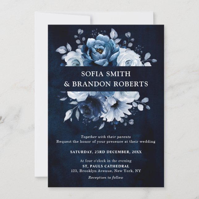 Dusty Blue Slate Navy Floral Botanical Wedding Inv Invitation (Front)