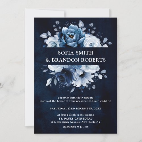 Dusty Blue Slate Navy Floral Botanical Wedding Inv Invitation