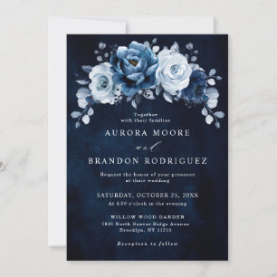 Dusty Blue Slate Navy Floral Botanical Wedding Inv Invitation