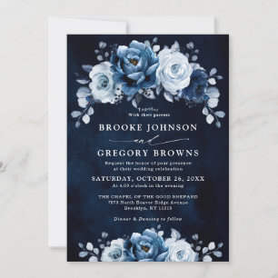 Dusty Blue Slate Navy Floral Botanical Wedding Inv Invitation