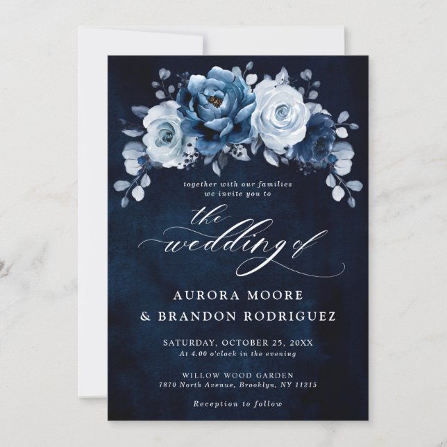 Dusty Blue Slate Navy Floral Botanical Wedding Inv Invitation (Front)