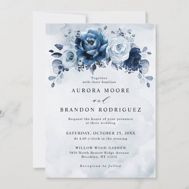 Dusty Blue Slate Navy Floral Botanical Wedding Inv Invitation (Front)