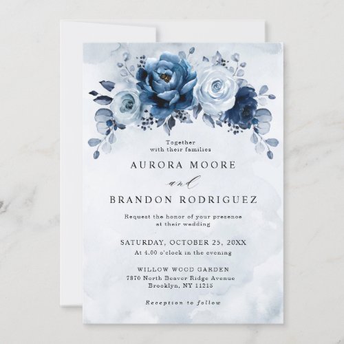 Dusty Blue Slate Navy Floral Botanical Wedding Inv Invitation