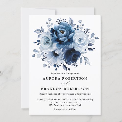 Dusty Blue Slate Navy Floral Botanical Wedding Invitation