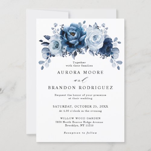 Dusty Blue Slate Navy Floral Botanical Wedding Invitation