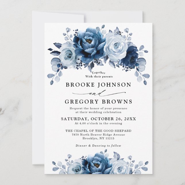 Dusty Blue Slate Navy Floral Botanical Wedding Invitation (Front)
