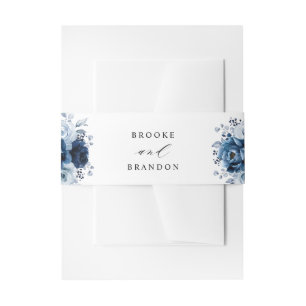 Dusty Blue Slate Navy Floral Botanical Wedding Invitation Belly Band