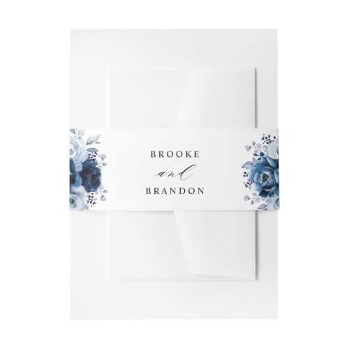 Dusty Blue Slate Navy Floral Botanical Wedding Invitation Belly Band