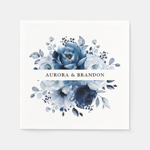 Dusty Blue Slate Navy Floral Botanical Wedding Napkins