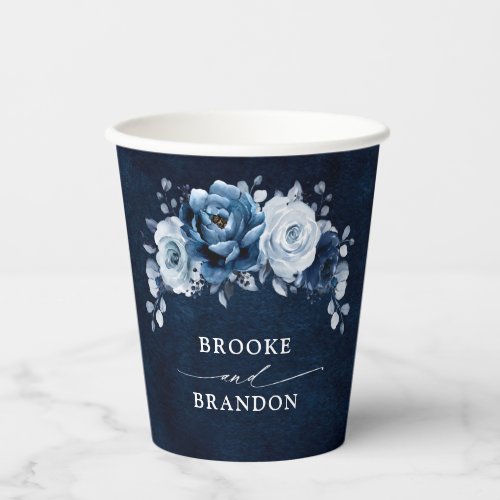 Dusty Blue Slate Navy Floral Botanical Wedding Pap Paper Cups