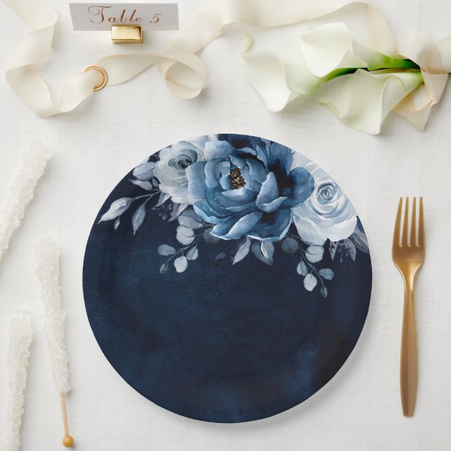 Dusty Blue Slate Navy Floral Botanical Wedding Pap Paper Plates (Wedding)