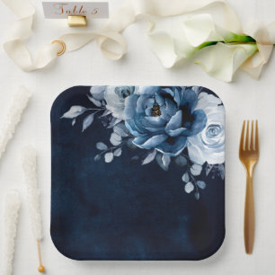 Dusty Blue Slate Navy Floral Botanical Wedding Pap Paper Plates