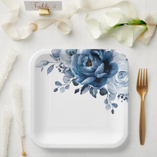 Dusty Blue Slate Navy Floral Botanical Wedding Pap Paper Plates