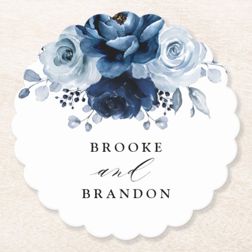 Dusty Blue Slate Navy Floral Botanical Wedding Paper Coaster