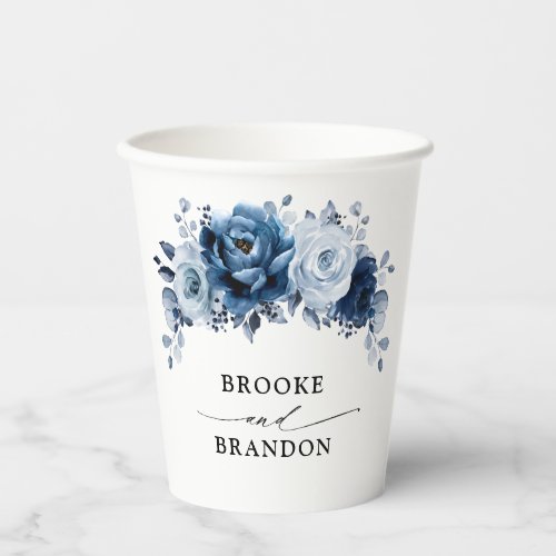 Dusty Blue Slate Navy Floral Botanical Wedding Paper Cups