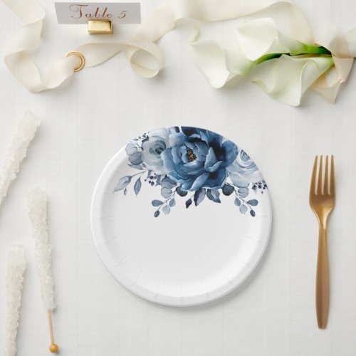 Dusty Blue Slate Navy Floral Botanical Wedding Paper Plates
