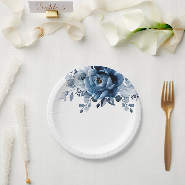 Dusty Blue Slate Navy Floral Botanical Wedding Paper Plates (Wedding)