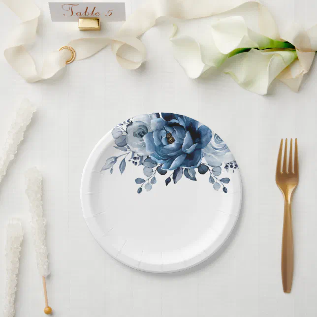 Dusty Blue Slate Navy Floral Botanical Wedding Paper Plates | Zazzle