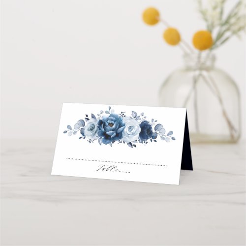Dusty Blue Slate Navy Floral Botanical Wedding Place Card