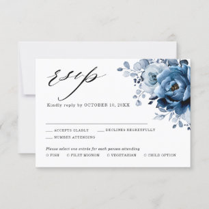 Dusty Blue Slate Navy Floral Botanical Wedding RSV RSVP Card