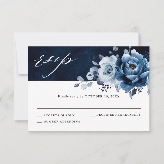 Dusty Blue Slate Navy Floral Botanical Wedding RSV RSVP Card (Front)