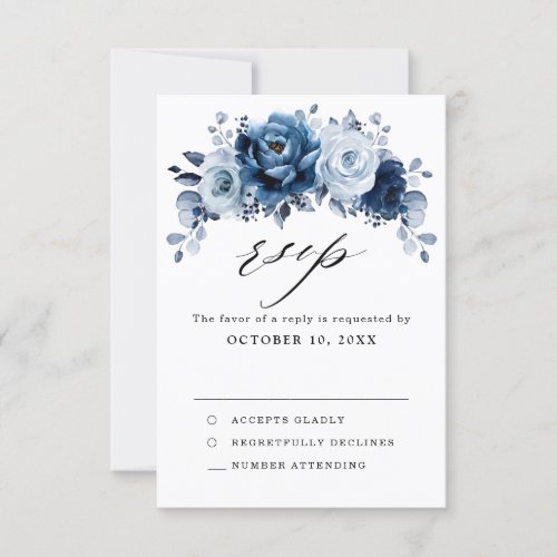 Dusty Blue Slate Navy Floral Botanical Wedding RSVP Card