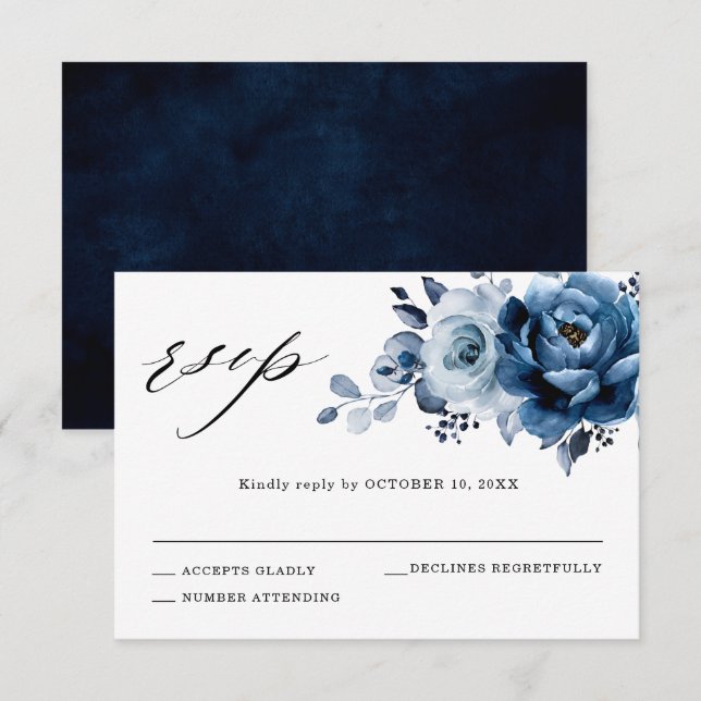 Dusty Blue Slate Navy Floral Botanical Wedding RSVP Card (Front/Back)