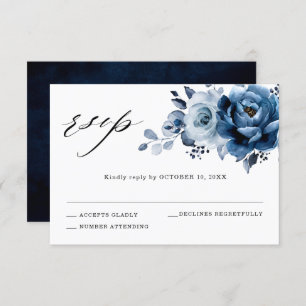 Dusty Blue Slate Navy Floral Botanical Wedding RSVP Card