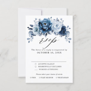 Dusty Blue Slate Navy Floral Botanical Wedding RSVP Card