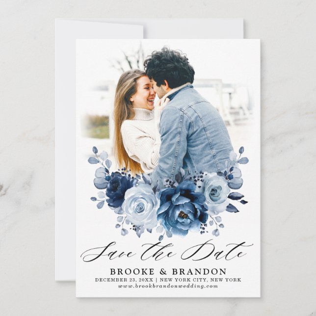 Dusty Blue Slate Navy Floral Botanical Wedding Save The Date (Front)