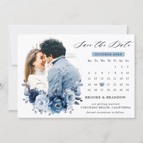 Dusty Blue Slate Navy Floral Botanical Wedding Save The Date