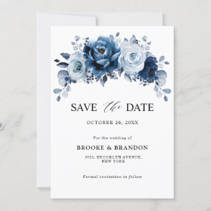 Dusty Blue Slate Navy Floral Botanical Wedding Save The Date
