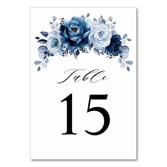 Dusty Blue Slate Navy Floral Botanical Wedding Table Number (Front)