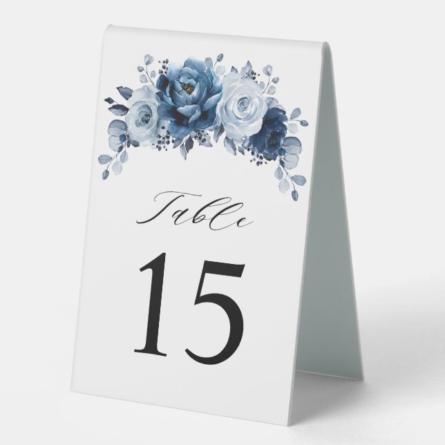 Dusty Blue Slate Navy Floral Botanical Wedding Table Tent (Front)