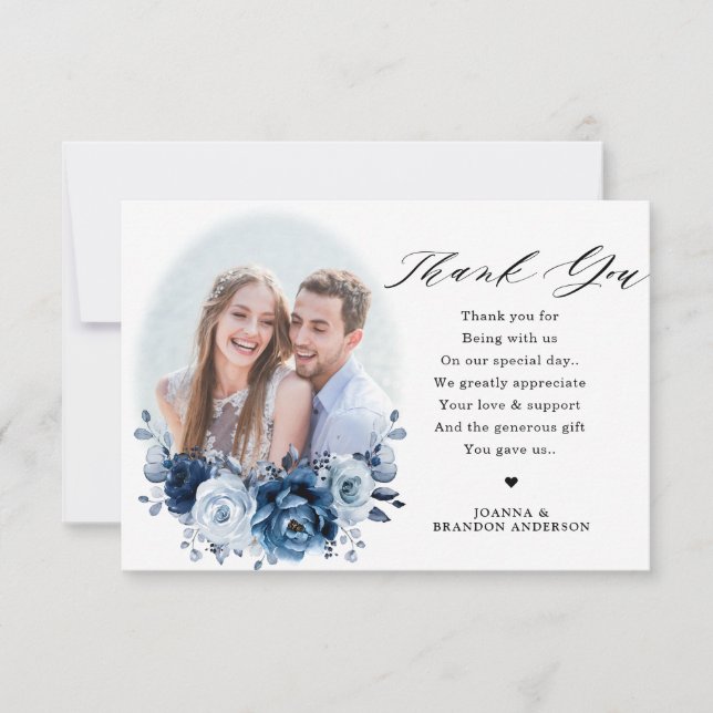 Dusty Blue Slate Navy Floral Botanical Wedding Thank You Card (Front)