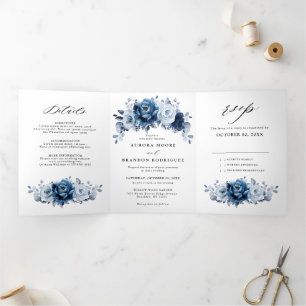 Dusty Blue Slate Navy Floral Botanical Wedding Tri-Fold Announcement