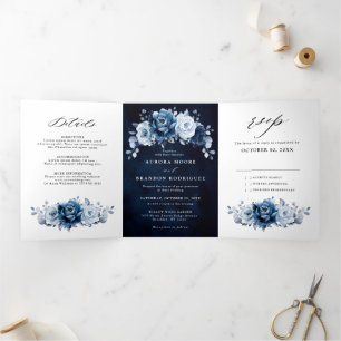 Dusty Blue Slate Navy Floral Botanical Wedding Tri Tri-Fold Announcement